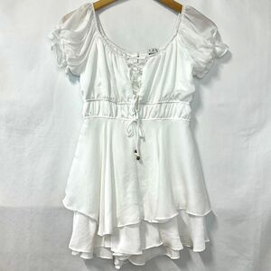 HYFVE White Lace Up Puff Sleeve Milkmaid Romper Women S Prairie Cottage Romantic